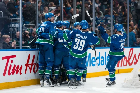 Apr 14, 2026; Vancouver, British Columbia, CAN; Vancouver Canucks forward Elias Pettersson (40) and forward Jake DeBrusk (74) and forward Curtis Douglas (42) and defenseman Filip Hronek (17) and forward Nils Hoglander (21) and forward Aatu Raty (54) and defenseman Zeev Buium (24) and forward Liam Ohgren (92) and forward Ty Mueller (39) celebrate DeBrusks game winning goal overtime goal against the Los Angeles Kings at Rogers Arena.