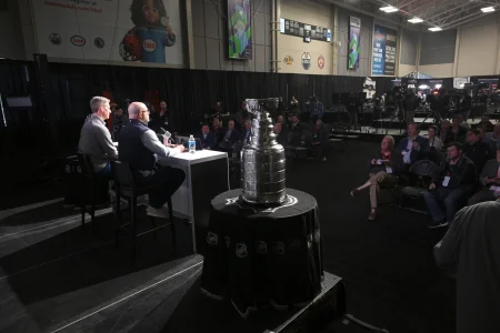Jun 3, 2025; Edmonton, Alberta, CAN; Edmonton Oilers general manager Stan Bowman along with Oilers head coach Kris Knoblauch are seen during media day in advance of the 2025 Stanley Cup Final at Rogers Place.