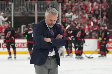 May 29, 2026; Raleigh, North Carolina, USA; Montreal Canadiens head coach Martin St. Louis reacts as he walks on the ice after losing to the Carolina Hurricanes in game five of the Eastern Conference Final of the 2026 Stanley Cup Playoffs at Lenovo Center.