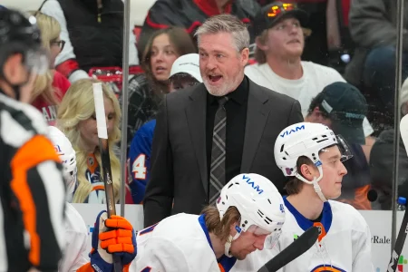 Apr 4, 2026; Raleigh, North Carolina, USA; New York Islanders head coach Patrick Roy reacts against the Carolina Hurricanes during the first period at Lenovo Center.