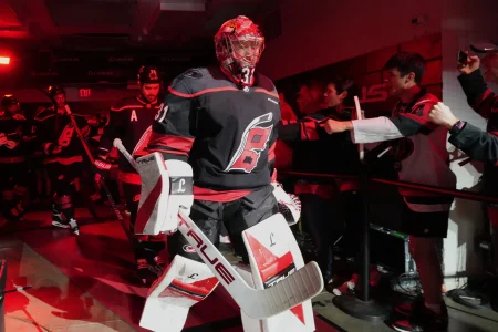 May 29, 2026; Raleigh, North Carolina, USA; Carolina Hurricanes goaltender Frederik Andersen (31) walks past fans to the ice in game five of the Eastern Conference Final of the 2026 Stanley Cup Playoffs before the first period against the Montreal Canadiens at Lenovo Center.
