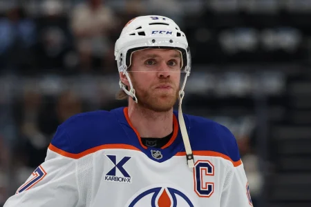 Apr 7, 2026; Salt Lake City, Utah, USA; Edmonton Oilers center Connor McDavid (97) warms up before a game against the Utah Mammoth at Delta Center. :