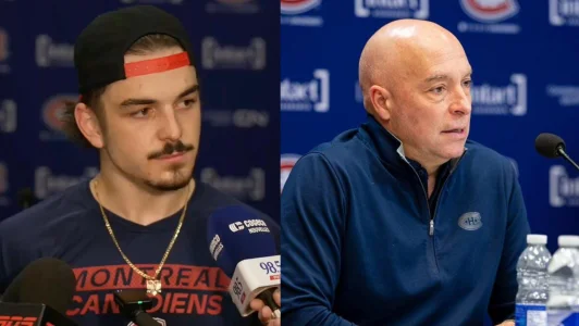 Le directeur général du Canadien de Montréal, Kent Hughes, et le défenseur du Canadien de Montréal, Arber Xhekaj, en point de presse.