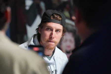 Jun 1, 2026; Raleigh, North Carolina, USA; Vegas Golden Knights right wing Mitch Marner (93) during media day for the 2026 Stanley Cup Final at Lenovo Center.