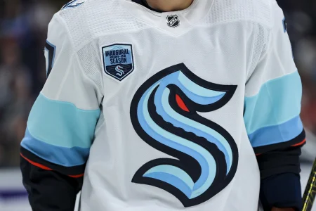 Oct 16, 2021; Columbus, Ohio, USA; The inaugural season patch and team logo are seen on the jersey worn by a member of the Seattle Kraken during a stop in play against the Columbus Blue Jackets in the second period at Nationwide Arena.
