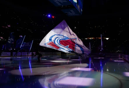 May 22, 2026; Denver, Colorado, USA; The Colorado Avalanche logo is seen on ice prior to a game against the Vegas Golden Knights in game two of the Western Conference Final of the 2026 Stanley Cup Playoffs at Ball Arena.