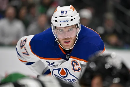 Mar 12, 2026; Dallas, Texas, USA; Edmonton Oilers center Connor McDavid (97) looks on during the game between the Stars and the Oilers at the American Airlines Center.