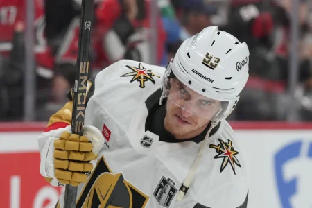Jun 2, 2026; Raleigh, North Carolina, USA; Vegas Golden Knights right wing Mitch Marner (93) warms up before a game against the Carolina Hurricanes in game one of the 2026 Stanley Cup Final at Lenovo Center.