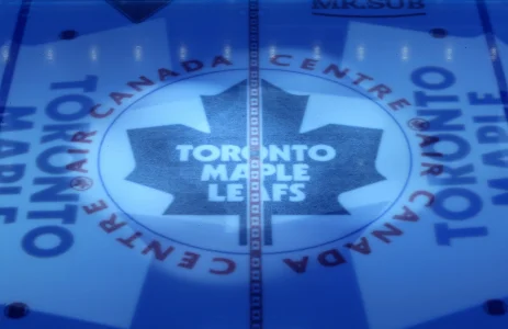 Dec 15, 2015; Toronto, Ontario, CAN; The Toronto Maple Leafs logo at center ice before the start of the game against the Tampa Bay Lightning at Air Canada Centre.