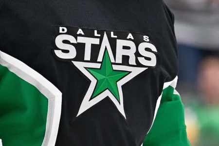 Jan 18, 2026; Dallas, Texas, USA; A view of the Dallas Stars logo on the jersey of goaltender Jake Oettinger (29) during the game at the American Airlines Center.