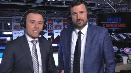 Patrick Lalime et Félix Séguin, sur les ondes de TVA Sports pour le Canadien de Montréal.