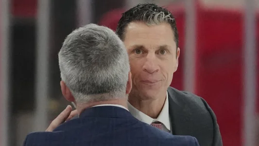 May 29, 2026; Raleigh, North Carolina, USA; Carolina Hurricanes head coach Rod BrindAmour greets Montreal Canadiens head coach Martin St. Louis in the handshake line after game five of the Eastern Conference Final of the 2026 Stanley Cup Playoffs at Lenovo Center.