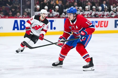 Apr 5, 2026; Montreal, Quebec, CAN; Montreal Canadiens right wing Brendan Gallagher (11) tracks the play against the New Jersey Devils during the first period at Bell Centre.