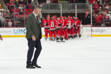 Oct 30, 2025; Raleigh, North Carolina, USA; New York Islanders head coach Patrick Roy walks off the ice after their loss to the Carolina Hurricanes at Lenovo Center.