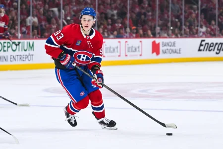 May 16, 2026; Montreal, Quebec, CAN; Montreal Canadiens right wing Ivan Demidov (93) plays the puck against the Buffalo Sabres during the first period in game six of the second round of the 2026 Stanley Cup Playoffs at Bell Centre.