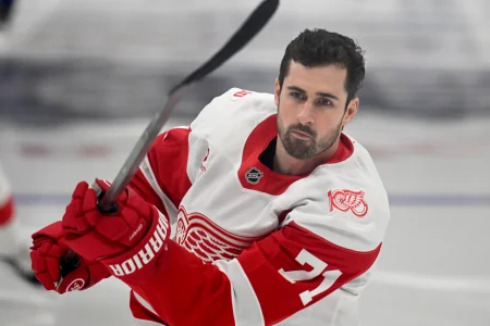Jan 21, 2026; Toronto, Ontario, CAN; Detroit Red Wings forward Dylan Larkin (71) warms up before playing the Toronto Maple Leafs at Scotiabank Arena.