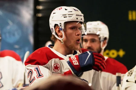 May 29, 2026; Raleigh, North Carolina, USA; Montreal Canadiens defenseman Kaiden Guhle (21) looks on before game five of the Eastern Conference Final of the 2026 Stanley Cup Playoffs against the Carolina Hurricanes at Lenovo Center. : J