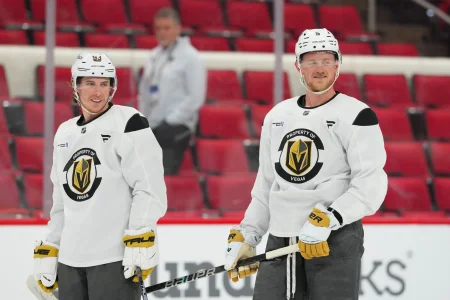 Jun 1, 2026; Raleigh, North Carolina, USA; Vegas Golden Knights center Jack Eichel (9) land Vegas Golden Knights right wing Mitch Marner (93) looks on during the practice during media day for the 2026 Stanley Cup Final at Lenovo Center.