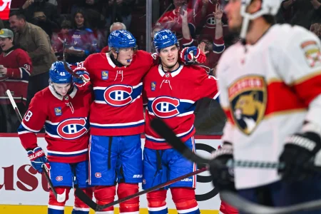 Mar 15, 2025; Montreal, Quebec, CAN; Montreal Canadiens right wing Patrik Laine (92) celebrates with his teammates his goal against the Florida Panthers in the first period at Bell Centre.