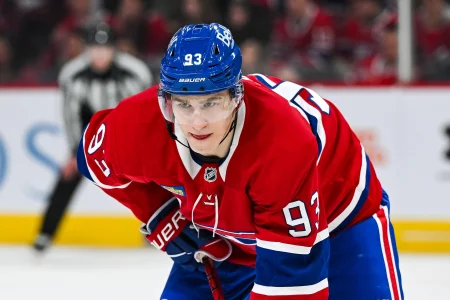 Apr 16, 2025; Montreal, Quebec, CAN; Montreal Canadiens right wing Ivan Demidov (93) waits for a face-off against the Carolina Hurricanes in the third period at Bell Centre.