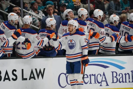 Apr 8, 2026; San Jose, California, USA; Edmonton Oilers center Jack Roslovic (28) is congratulated by the bench after scoring against the San Jose Sharks in the second period at SAP Center at San Jose.