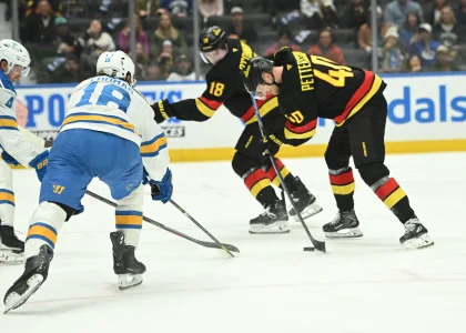 Mar 21, 2026; Vancouver, British Columbia, CAN; Vancouver Canucks center Elias Pettersson (40) shoots the puck towards net and against St. Louis Blues center Robert Thomas (18)at Rogers Arena during the second period
