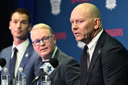 May 4, 2026; Toronto, Ontario, CANADA; Toronto Maple Leafs senior executive advisor Mats Sundin speaks to the media as club CEO Keith Pelley (center) and general manager John Chayka listen during an introductory news conference at Real Sports Bar and Grill.