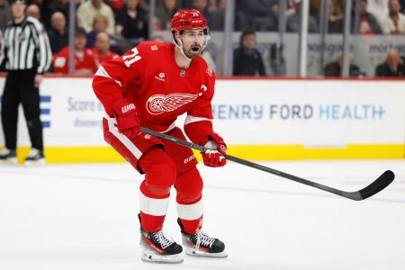 Mar 24, 2026; Detroit, Michigan, USA; Detroit Red Wings center Dylan Larkin (71) skates in the second period against the Ottawa Senators at Little Caesars Arena.