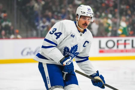 Nov 3, 2024; Saint Paul, Minnesota, USA; Toronto Maple Leafs center Auston Matthews (34) looks on during a game between the Minnesota Wild and Toronto Maple Leafs at Xcel Energy Center.