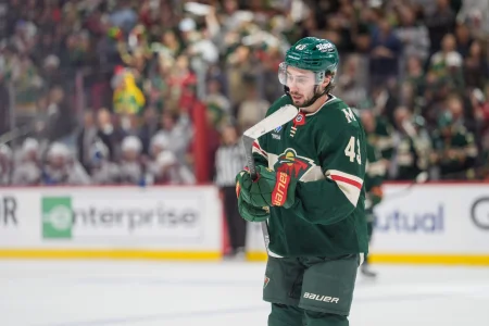 May 9, 2026; Saint Paul, Minnesota, USA; Minnesota Wild defenseman Quinn Hughes (43) skates after scoring against the Colorado Avalanche in the first period of game three of the second round of the 2026 Stanley Cup Playoffs at Grand Casino Arena.