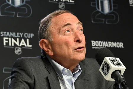 Jun 4, 2025; Edmonton, Alberta, CAN; National Hockey League commissioner Gary Bettman speaks to the media before game one of the 2025 Stanley Cup Final between the Florida Panthers and the Edmonton Oilers at Rogers Place.