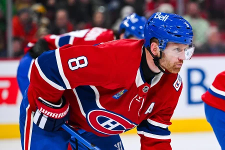 Mar 17, 2026; Montreal, Quebec, CAN; Montreal Canadiens defenseman Mike Matheson (8) waits for a face-off against the Boston Bruins during the third period at Bell Centre.