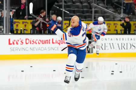 Mar 8, 2026; Las Vegas, Nevada, USA; Edmonton Oilers defenseman Darnell Nurse (25) warms up before a game against the Vegas Golden Knights at T-Mobile Arena.