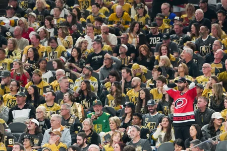 Jun 6, 2026; Las Vegas, Nevada, USA; A Carolina Hurricanes fan looks on during the third period against the Vegas Golden Knights in game three of the 2026 Stanley Cup Final at T-Mobile Arena.
