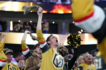 Jun 6, 2026; Las Vegas, Nevada, USA; Fans react during the second period between the Vegas Golden Knights and the Carolina Hurricanes in game three of the 2026 Stanley Cup Final at T-Mobile Arena.