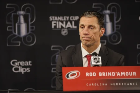 Jun 2, 2026; Raleigh, North Carolina, USA; Carolina Hurricanes head coach Rod BrindAmour speaks during the press conference after the game against the Vegas Golden Knights in game one of the 2026 Stanley Cup Final at Lenovo Center
