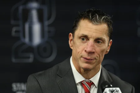 Jun 4, 2026; Raleigh, North Carolina, USA; Carolina Hurricanes head coach Rod BrindAmour during the post game press conference after the win against the Vegas Golden Knights in game two of the 2026 Stanley Cup Final at Lenovo Center.