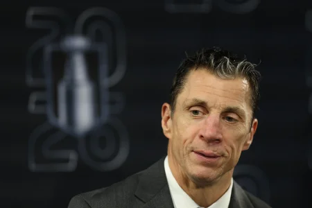 Jun 4, 2026; Raleigh, North Carolina, USA; Carolina Hurricanes head coach Rod BrindAmour during the post game press conference after the win against the Vegas Golden Knights in game two of the 2026 Stanley Cup Final at Lenovo Center.