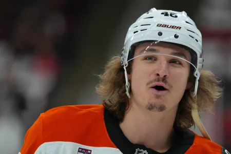 Philadelphia Flyers center Trevor Zegras (46) looks on during the warmups before the game against the Carolina Hurricanes at Lenovo Center.