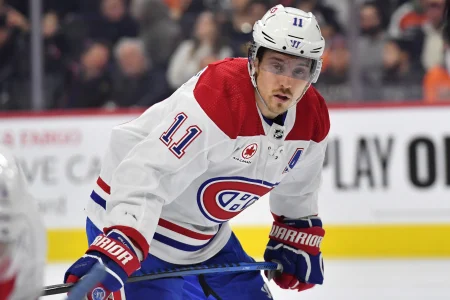 Jan 10, 2024; Philadelphia, Pennsylvania, USA; Montreal Canadiens right wing Brendan Gallagher (11) against the Philadelphia Flyers at Wells Fargo Center.