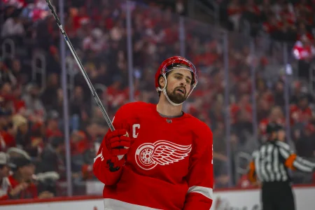 Dec 7, 2023; Detroit, Michigan, USA; Detroit Red Wings center Dylan Larkin (71) looks on during the first period at Little Caesars Arena.