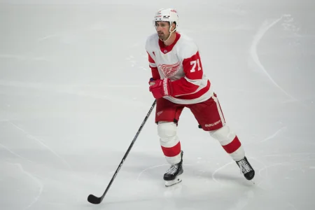 Oct 21, 2023; Ottawa, Ontario, CAN; Detroit Red Wings center Dylan Larkin (71) skates to the bench after scoring in the third period against the Ottawa Senators at the Canadian Tire Centre.