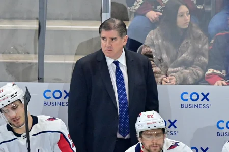 Jan 19, 2023; Tempe, Arizona, USA; Washington Capitals head coach Peter Laviolette looks on in the second periodagainst the Arizona Coyotes at Mullett Arena.