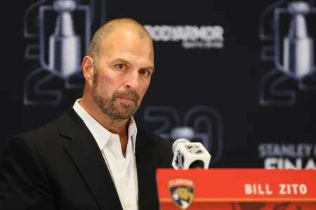 Jun 7, 2024; Sunrise, Florida, USA; Florida Panthers general manager Bill Zito speaks to reporters during media day in advance of the 2024 Stanley Cup Final at Amerant Bank Arena.