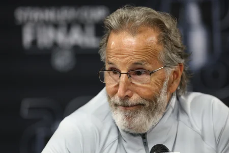 Jun 4, 2026; Raleigh, North Carolina, USA; Vegas Golden Knights John Tortorella during the post game press conference after the loss to the Carolina Hurricanes in game two of the 2026 Stanley Cup Final at Lenovo Center.
