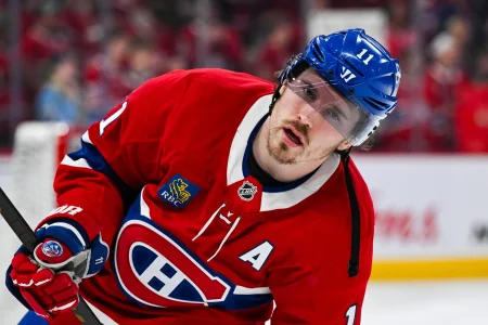 Apr 14, 2025; Montreal, Quebec, CAN; Montreal Canadiens right wing Brendan Gallagher (11) looks on in warm-up before the game against the Chicago Blackhawks at Bell Centre.