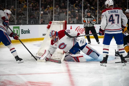 Dec 1, 2024; Boston, Massachusetts, USA; Montreal Canadiens goaltender Cayden Primeau (30) makes a save in the first period against the Boston Bruins at TD Garden.