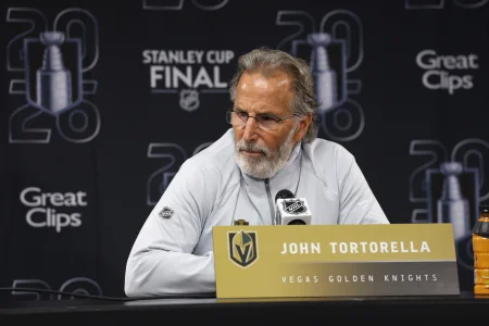 Jun 4, 2026; Raleigh, North Carolina, USA; Vegas Golden Knights John Tortorella during the post game press conference after the loss to the Carolina Hurricanes in game two of the 2026 Stanley Cup Final at Lenovo Center.