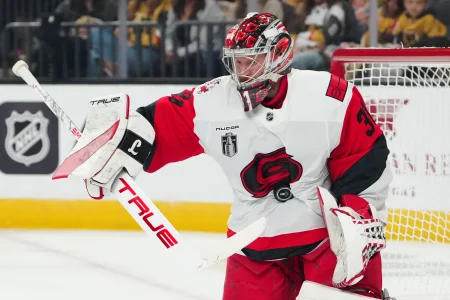 Jun 6, 2026; Las Vegas, Nevada, USA; Carolina Hurricanes goaltender Frederik Andersen (31) makes a save against the Vegas Golden Knights during the first period in game three of the 2026 Stanley Cup Final at T-Mobile Arena.
