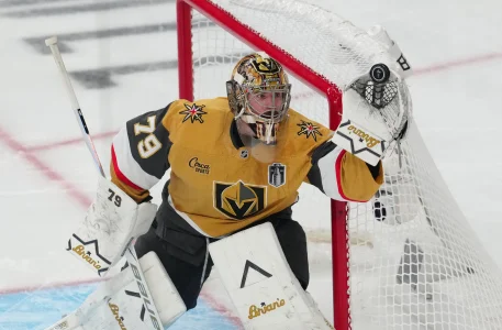 Jun 9, 2026; Las Vegas, Nevada, USA; Vegas Golden Knights goaltender Carter Hart (79) catches the puck during the 3rd period against the Carolina Hurricanes in game four of the 2026 Stanley Cup Final at T-Mobile Arena.